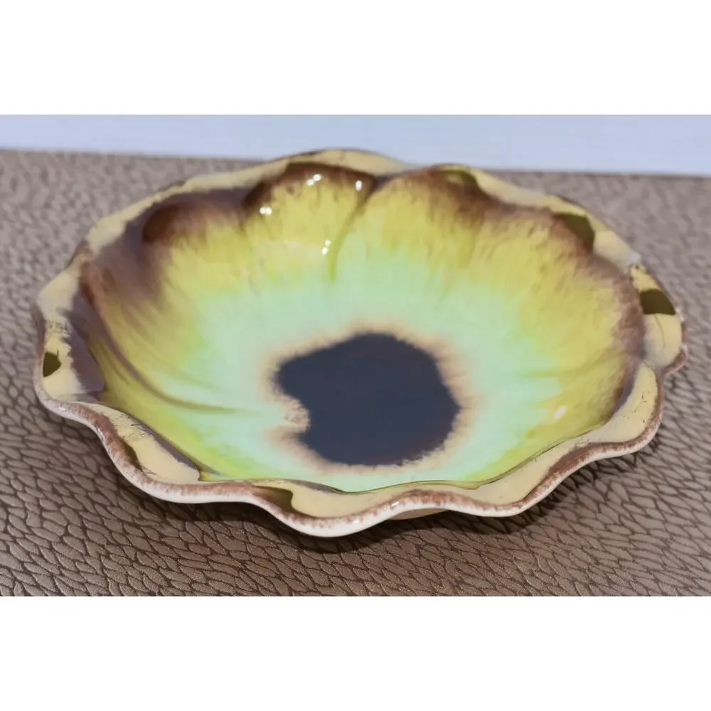 Bay Keramik West German MCM Pansy Flower Yellow Green & Gold Glaze Ceramic Bowl